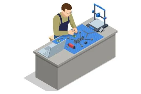 Isometric technician assembling a quadcopter at a workbench with laptop and 库存插图