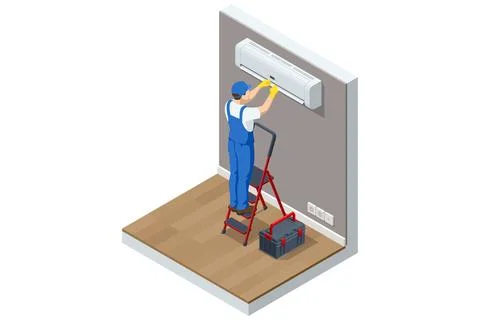 Isometric technician cleaning wall air conditioner indoor unit. Concept of Stock Illustration