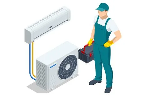 Isometric technician with HVAC system. Concept of air conditioning installation Stock Illustration