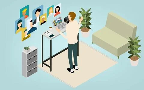 Isometric, teleworking people working from home are having an online meeting Stock Illustration