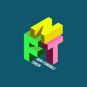 Isometric text NFT and non-fungible tokens Stock Illustration