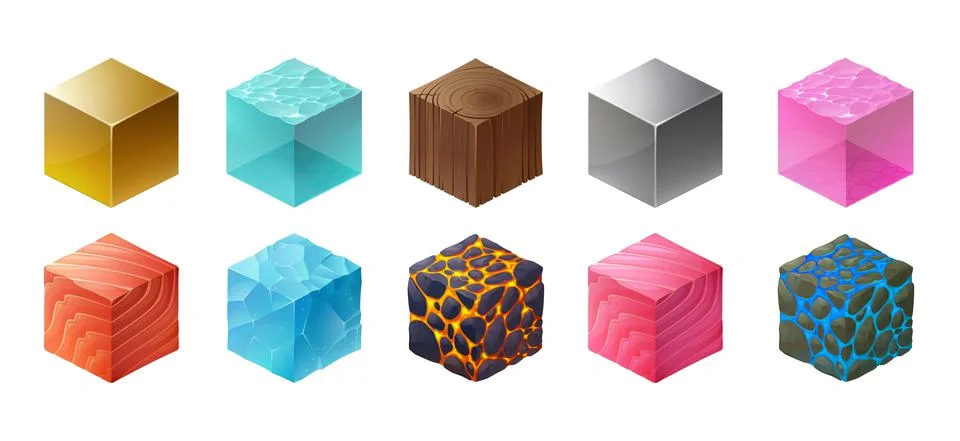 Isometric texture cubes of materials for game Stock Illustration