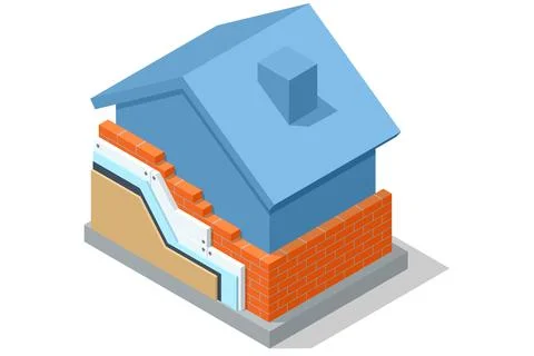 Isometric thermal external Insulation brick wall. Homes energy efficiency Stock Illustration