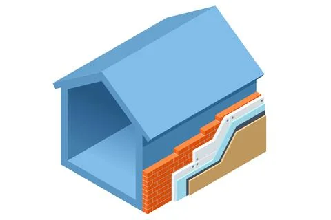 Isometric thermal external Insulation brick wall. Homes energy efficiency Stock Illustration