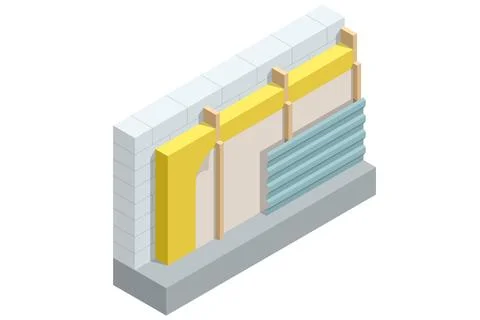 Isometric thermal external Insulation brick wall. Homes energy efficiency Stock Illustration