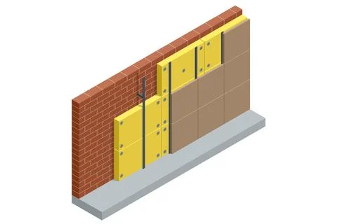 Isometric thermal external Insulation brick wall. Homes energy efficiency Stock Illustration