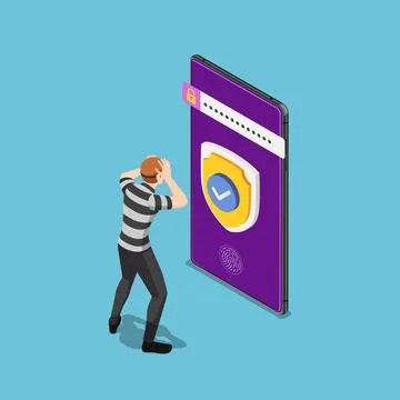 Isometric Thief or Hacker Failed to Hacking Smartphone with Security System Stock Illustration