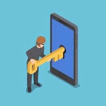 Isometric thief or hacker use key to hack into smartphone. Stock Illustration