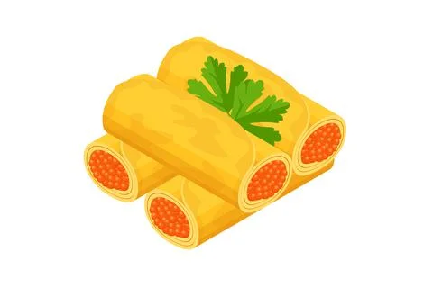 Isometric thin pancakes or blini with red caviar. Shrovetide. Pancakes with Illustrazione stock