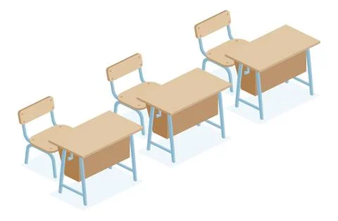 Isometric three school desk tables and chairs. Objects isolated on white ba.. Stock Illustration