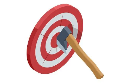 Isometric throw Axe in wood target vector isolated on white background. Axe イラスト素材