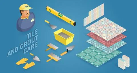 Isometric tiler, instruments and tile. Builder, tiled floor samples. Vector. Ilustración de archivo