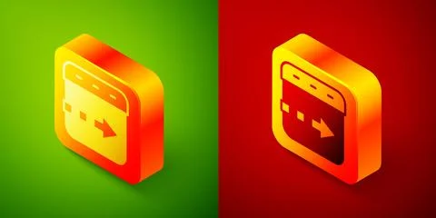 Isometric Time flies on the clock icon isolated on green and red background.. Illustrazione stock