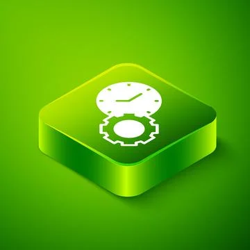 Isometric Time management icon isolated on green background. Clock and gear sign Stock Illustration