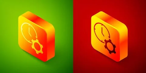 Isometric Time management icon isolated on green and red background. Clock .. Illustrazione stock