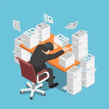 Isometric tired businessman asleep at office desk with the pile of paper docu Stock Illustration
