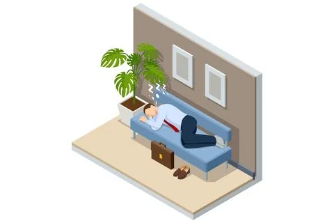 Isometric tired overworked employee sleeping in the office. Tiredness and Stock Illustration