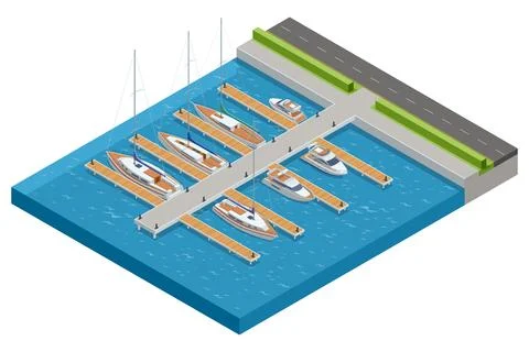 An Isometric top-down view of a bustling marina with various yachts and Ilustração Stock