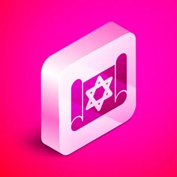 Isometric Torah scroll icon isolated on pink background. Jewish Torah in Illustrazione stock