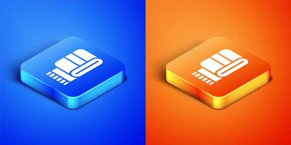 Isometric Towel stack icon isolated on blue and orange background. Square button Stock Illustration
