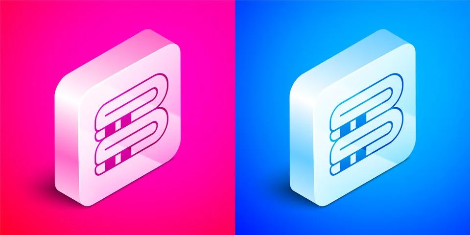 Isometric Towel stack icon isolated on pink and blue background. Silver square Stock Illustration