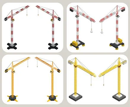 Isometric tower crane set. Construction lifting machinery vector illustrati.. Ilustración de archivo