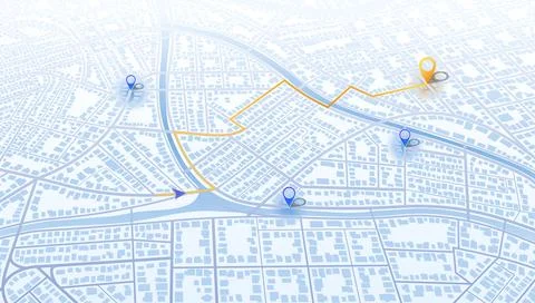 Isometric town map with navigation route and colorful pins. City street plan Stock Illustration