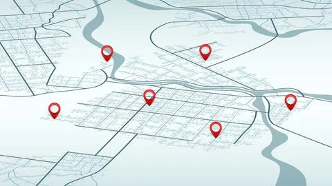 Isometric town roadmap with river and streets showing red location pointers for Stock Illustration