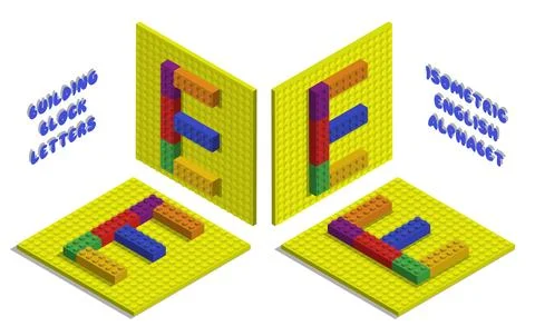 Isometric toy bricks of letter E. Letter from blocks for children poster an.. Stock-Illustration