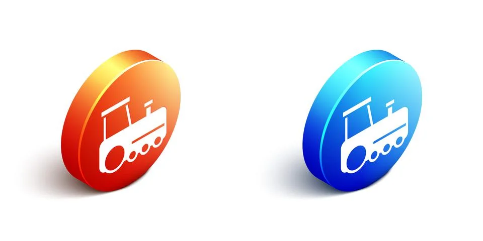 Isometric Toy train icon isolated on white background. Orange and blue circle Stock Illustration