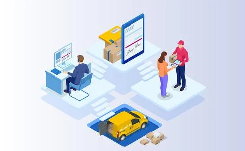 Isometric Tracking delivery by parcel, delivery service concept. Woman accepting 스톡 일러스트