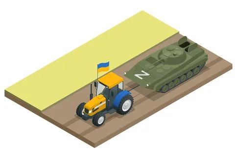 Isometric tractor with Ukrainian flag pulls a russian BMP or tank. Ukrainian in Stock Illustration