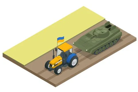 Isometric tractor with Ukrainian flag pulls a russian BMP or tank. Ukrainian in Stock Illustration