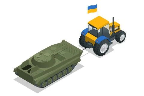 Isometric tractor with Ukrainian flag pulls a russian BMP or tank. Ukrainian in Stock Illustration