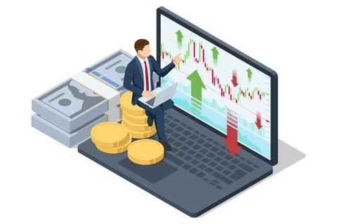 Isometric of a trader sitting on a laptop with a large financial screen showing Stock Illustration