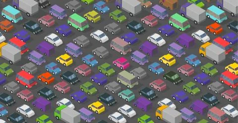Isometric traffic jam a lot of multi-colored cars transport highway background Stock Illustration