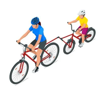 Isometric Trailer cycle or Bicycle attachment. Tandem bike and helmet bicycle Stock Illustration