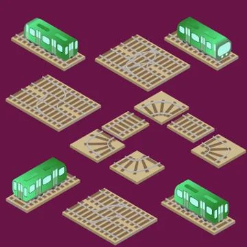 Isometric train and railway system, with parts, turn and crossro Stock Illustration