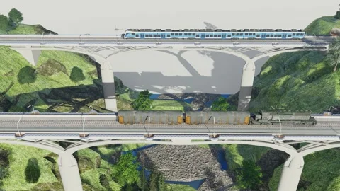 Isometric train on the bridge track Video stock 260517947