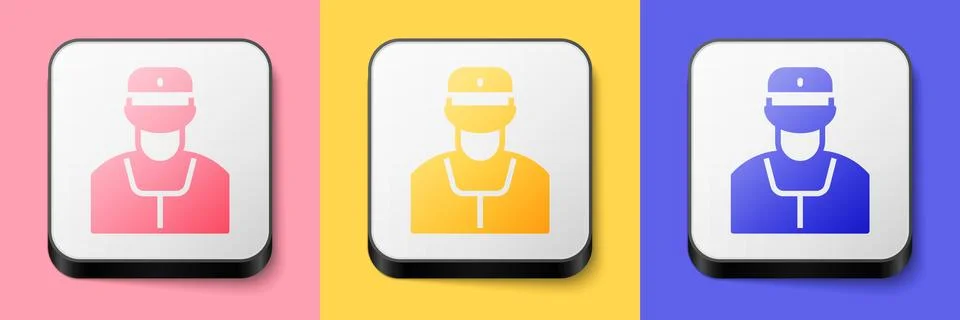 Isometric Train conductor icon isolated on pink, yellow and blue background Stock Illustration