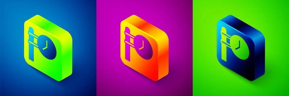 Isometric Train station clock icon isolated on blue, purple and green background Stock Illustration
