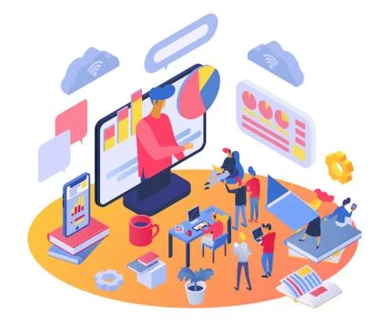 Isometric training course vector illustration, cartoon 3d trainer character Stockillustratie