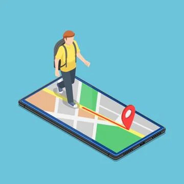 Isometric traveller use map application on the smartphone to reach the destin Stock Illustration