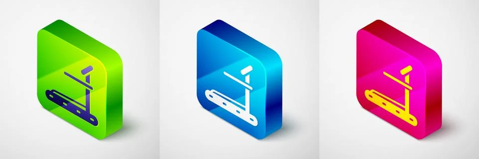 Isometric Treadmill machine icon isolated on grey background. Square button Illustrazione stock
