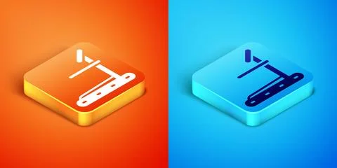 Isometric Treadmill machine icon isolated on orange and blue background.  V.. Stock Illustration
