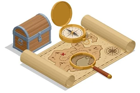 Isometric treasure map. Isometric illustration depicting a pirate treasure scene Stock Illustration