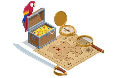 Isometric treasure map. An Isometric illustration depicting a pirate treasure Stock Illustration