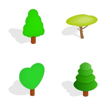 Isometric tree set displaying various green plant icons Stock-Illustration