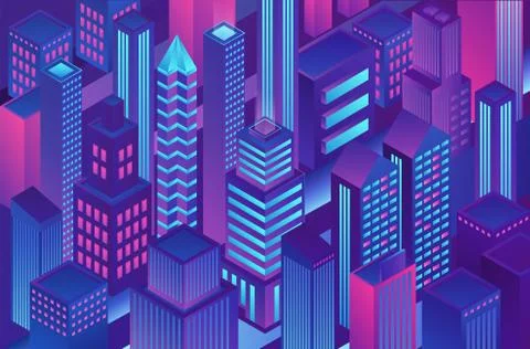 Isometric trendy violet blue gradient color city template illustration of Иллюстрация
