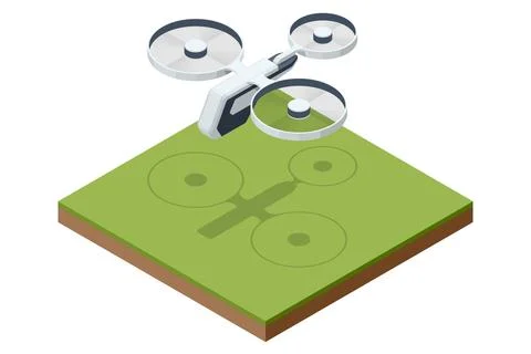 Isometric tri rotor drone hovering above grassy platform. Minimal unmanned Ilustração Stock